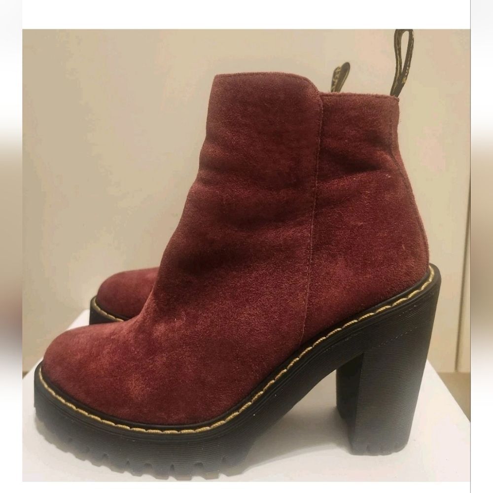 Doc Dr. Martens "Magdalena" Burgundy Suede Chunky Heel Ankle Boots Sz.6 Ret $160